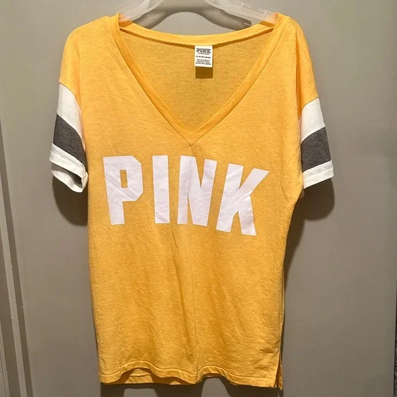PINK Victoria's Secret Yellow and White Short Sleeve Tee - Picture 1 of 4